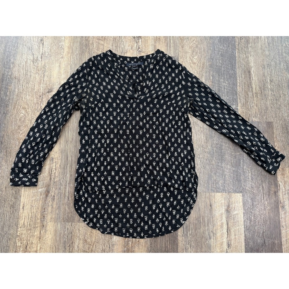 French Connection Womens Black White Block Print Modal Blouse V-Neck Top Size 4